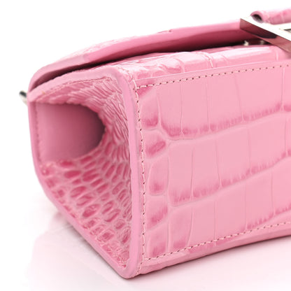 Balenciaga Shiny Calfskin Crocodile Embossed Hourglass Top Handle Bag XS Pink 10 of 11