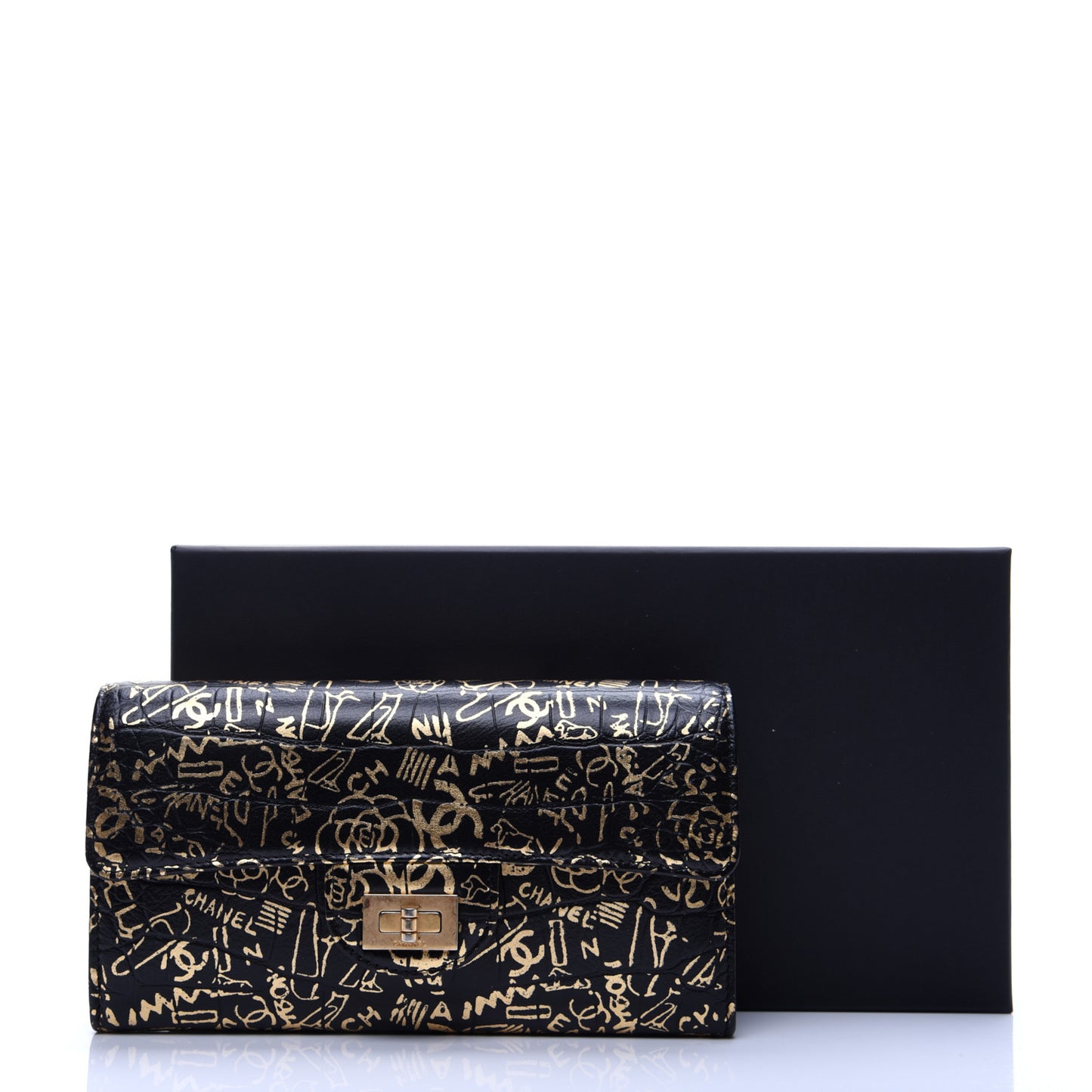 Calfskin Crocodile Embossed Graffiti 2.55 Cocodile Reissue Long Flap Black Gold