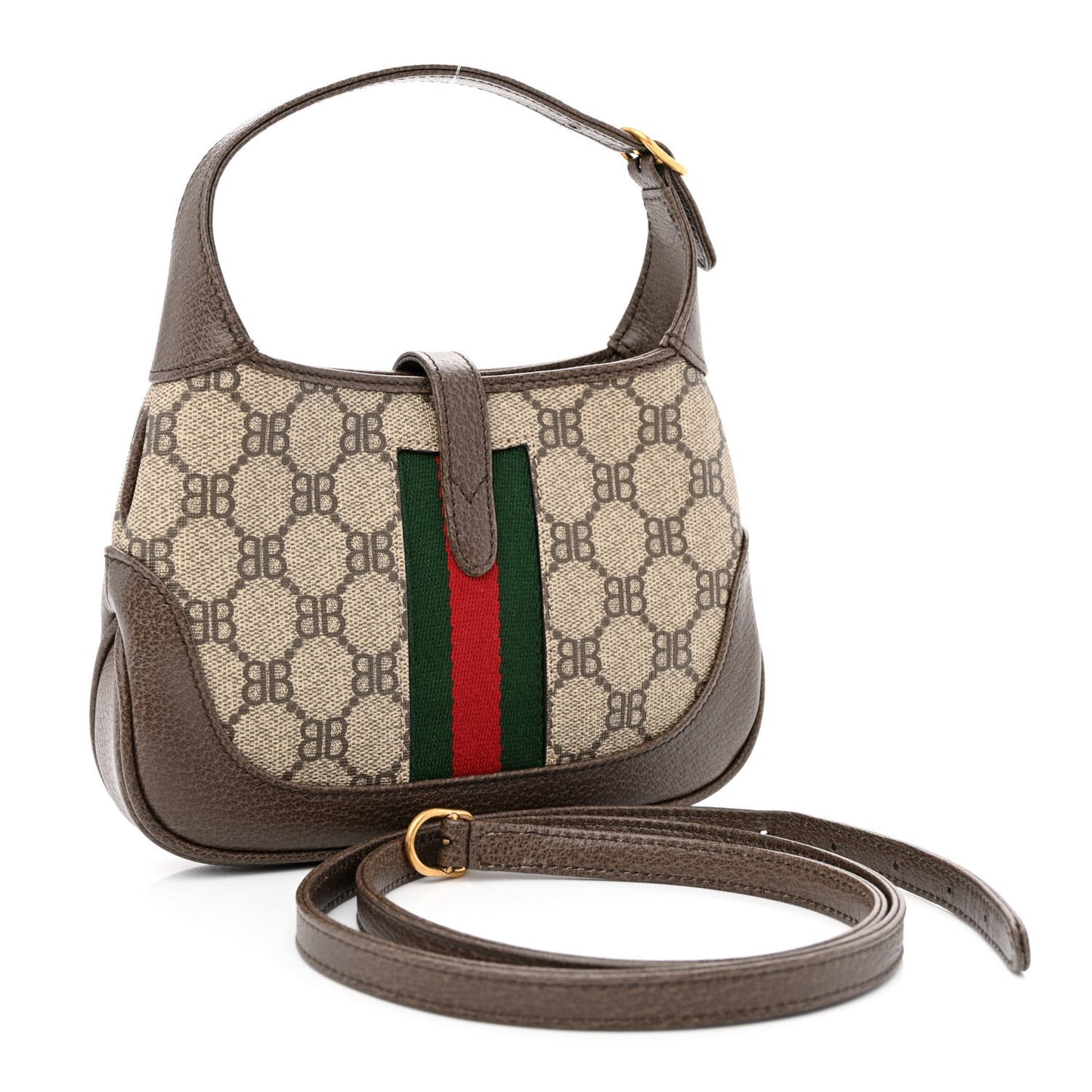 X BALENCIAGA BB Supreme Monogram Calfskin Web Mini Jackie 1961 Hobo Beige Ebony