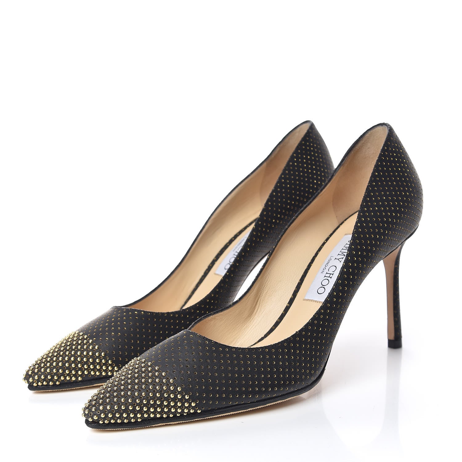 Jimmy Choo Suede Mini Dot Perforated Mini Studs Romy 85 Pumps 40 Black Gold 3 of 10