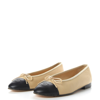 Chanel Lambskin Cap Toe CC Ballerina Flats 36.5 Beige Black 3 of 10