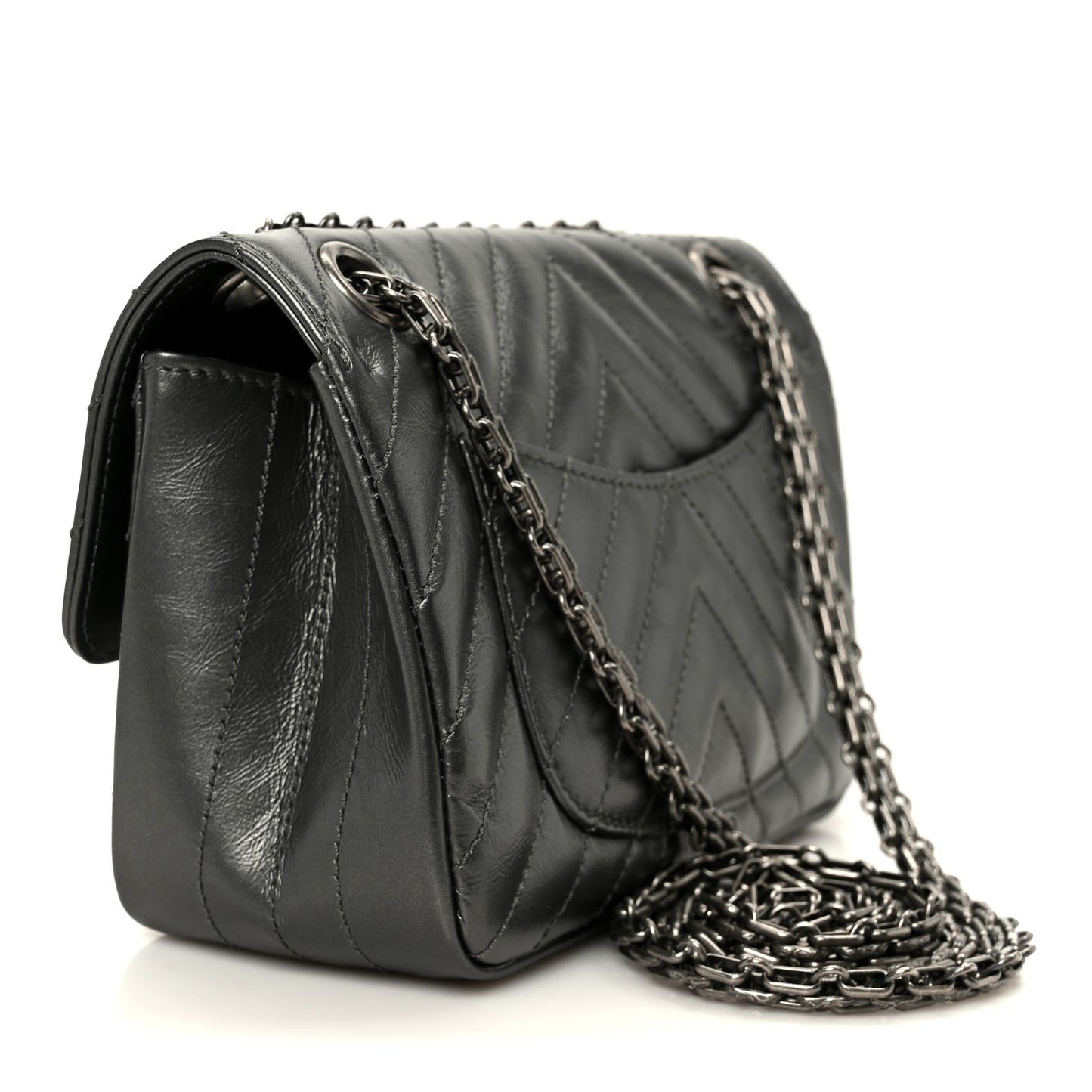 Metallic Aged Calfskin Chevron Quilted 2.55 Reissue Mini Flap Grey