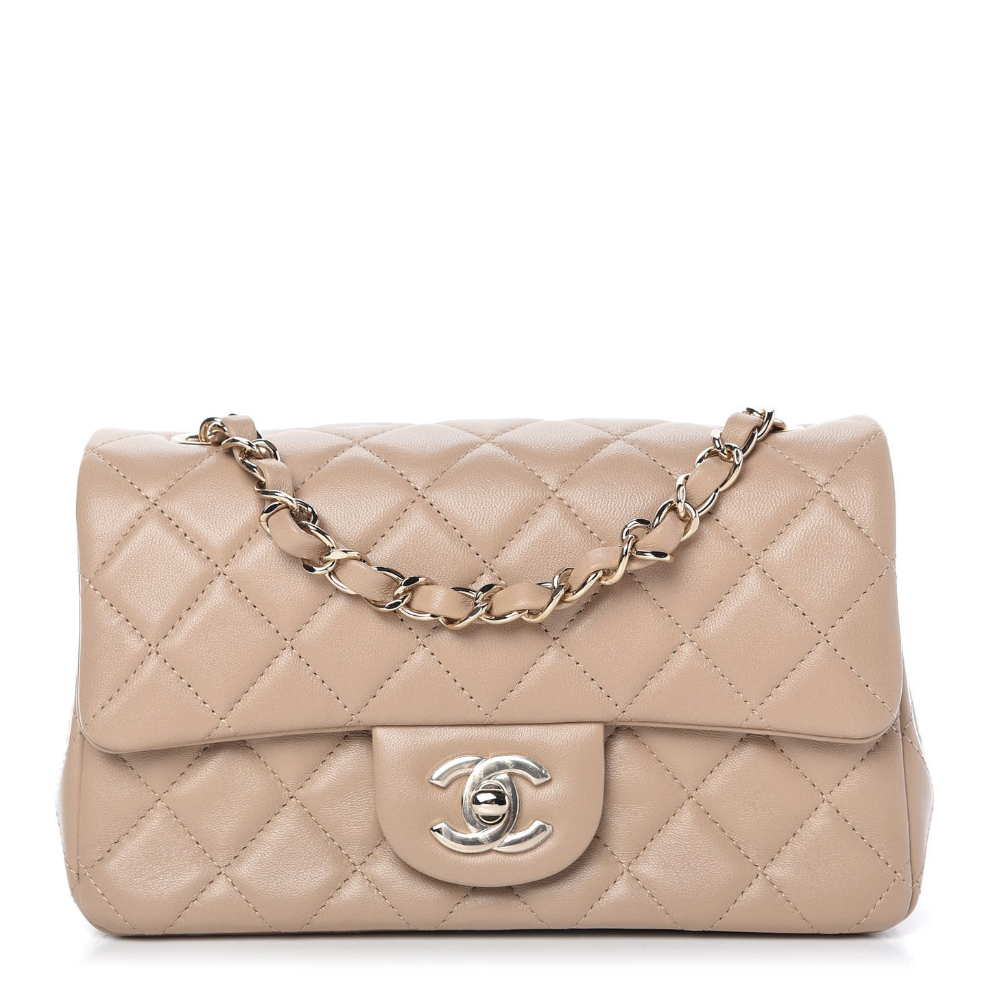 Lambskin Quilted Mini Rectangular Flap Dark Beige