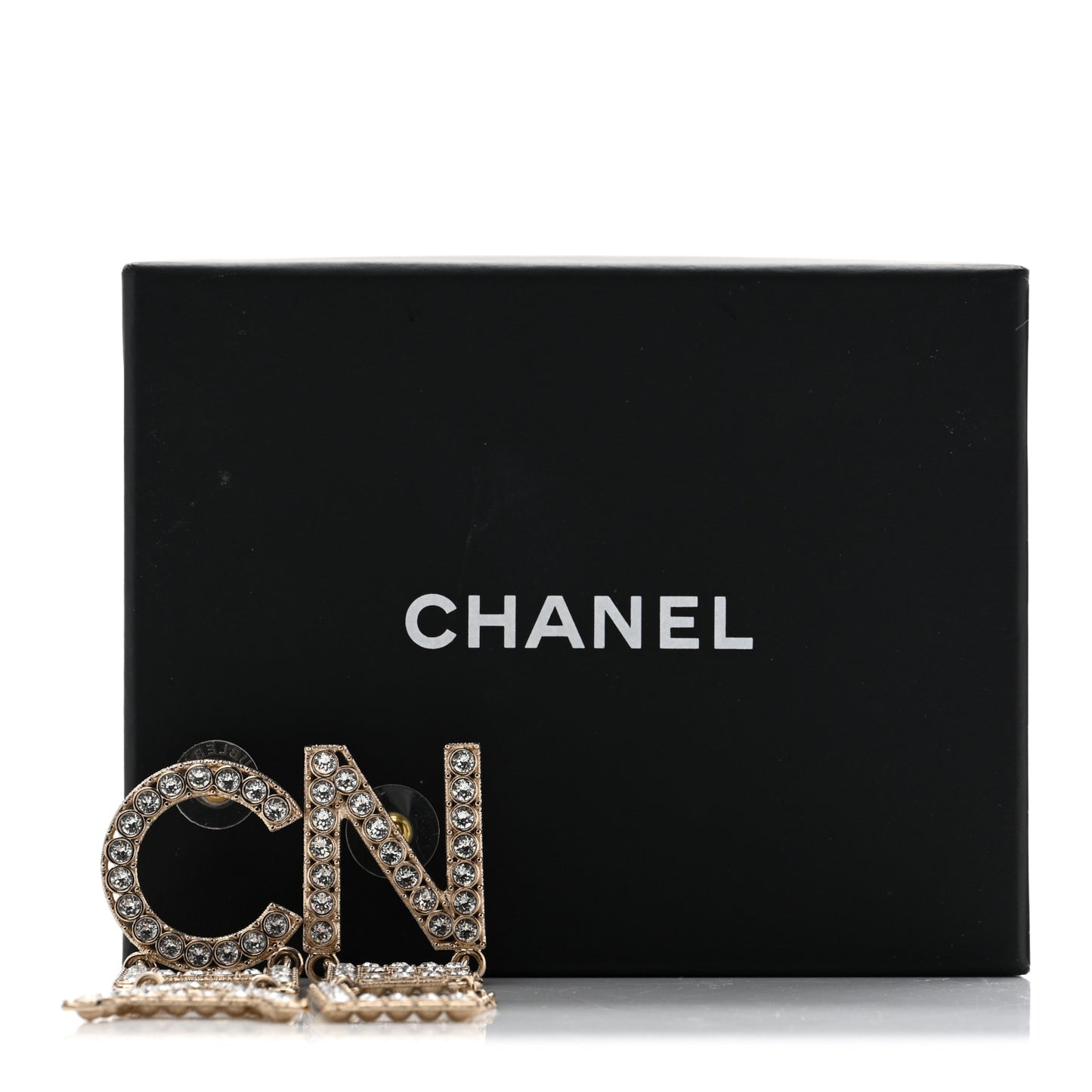 Crystal Cha-Nel Logo Drop Earrings Gold