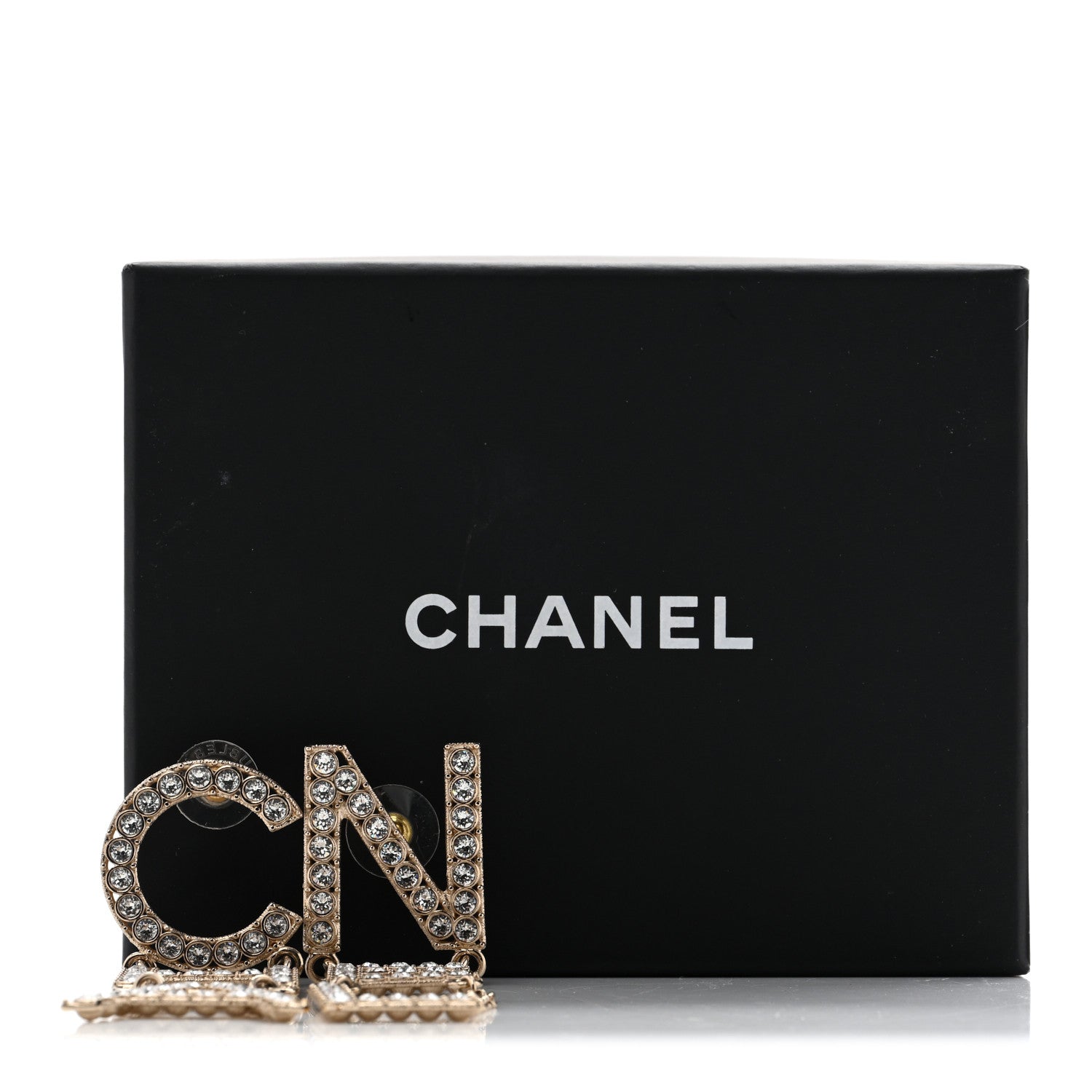 Chanel Crystal Cha-Nel Logo Drop Earrings Gold 6 of 6