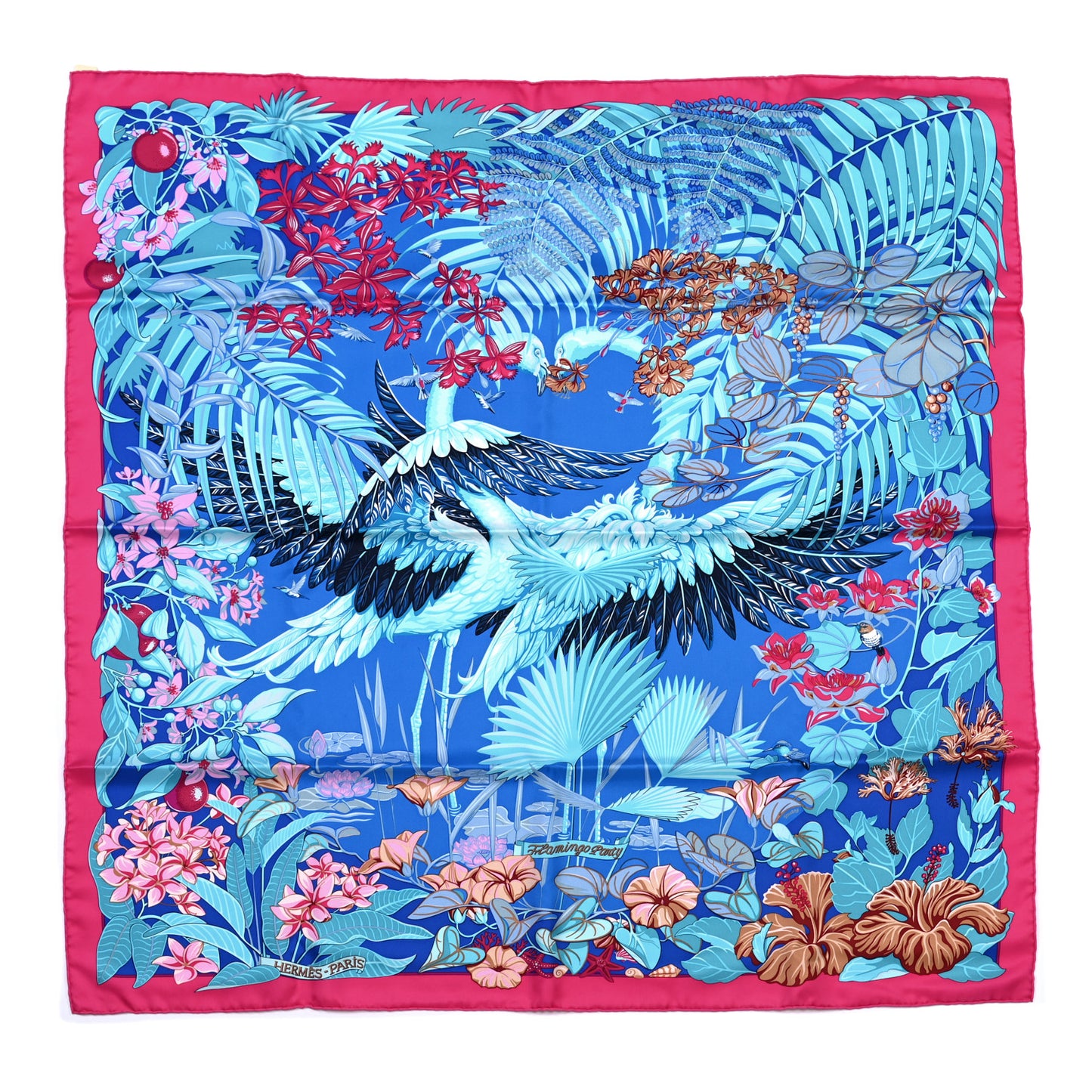 Silk Flamingo Party Scarf 90 Bleu Ciel Vif