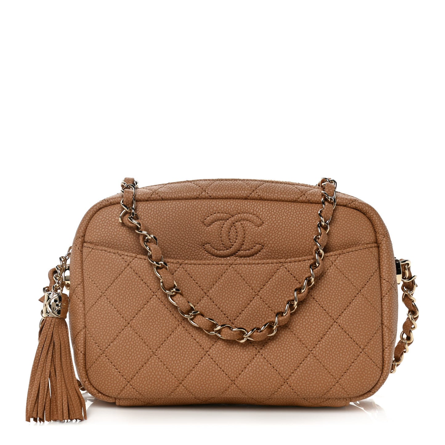 Iridescent Caviar Quilted Coco Tassel Camera Case Beige