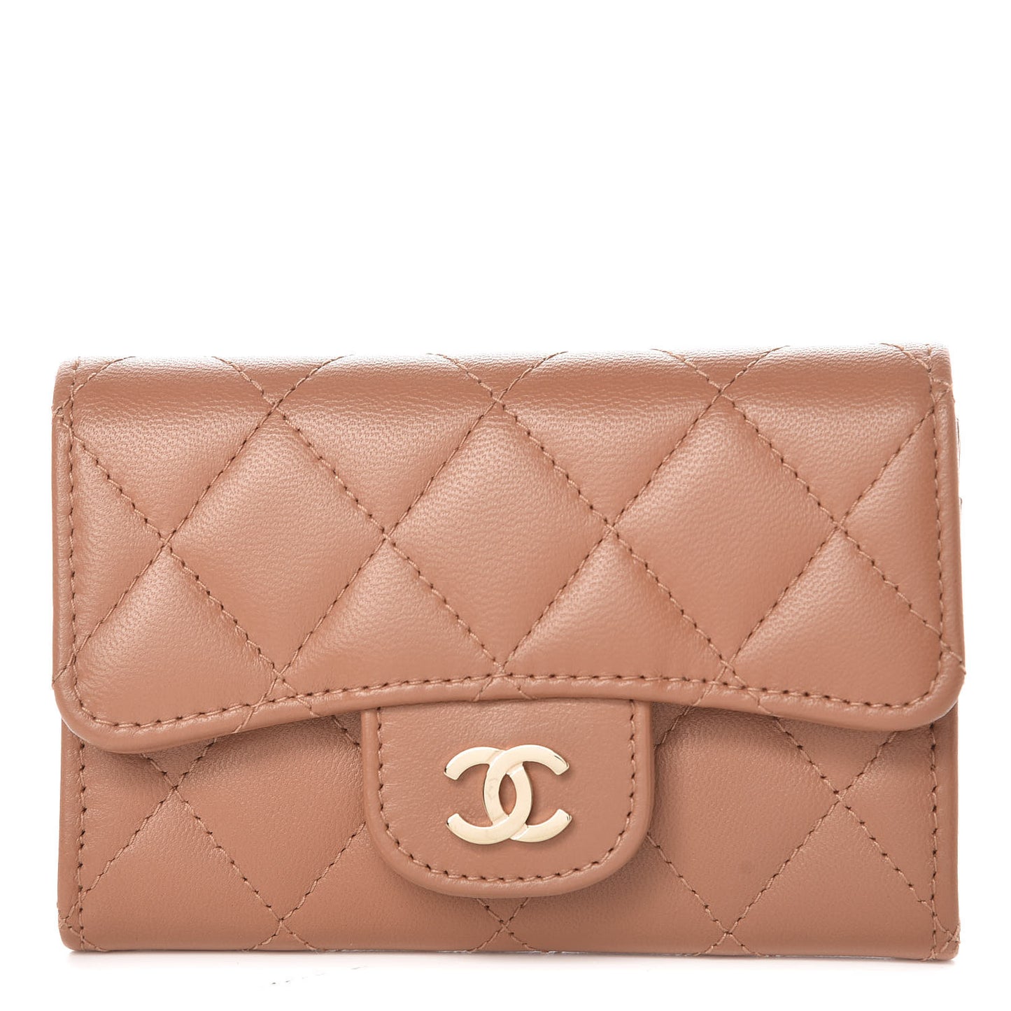 Lambskin Quilted Flap Card Holder Beige