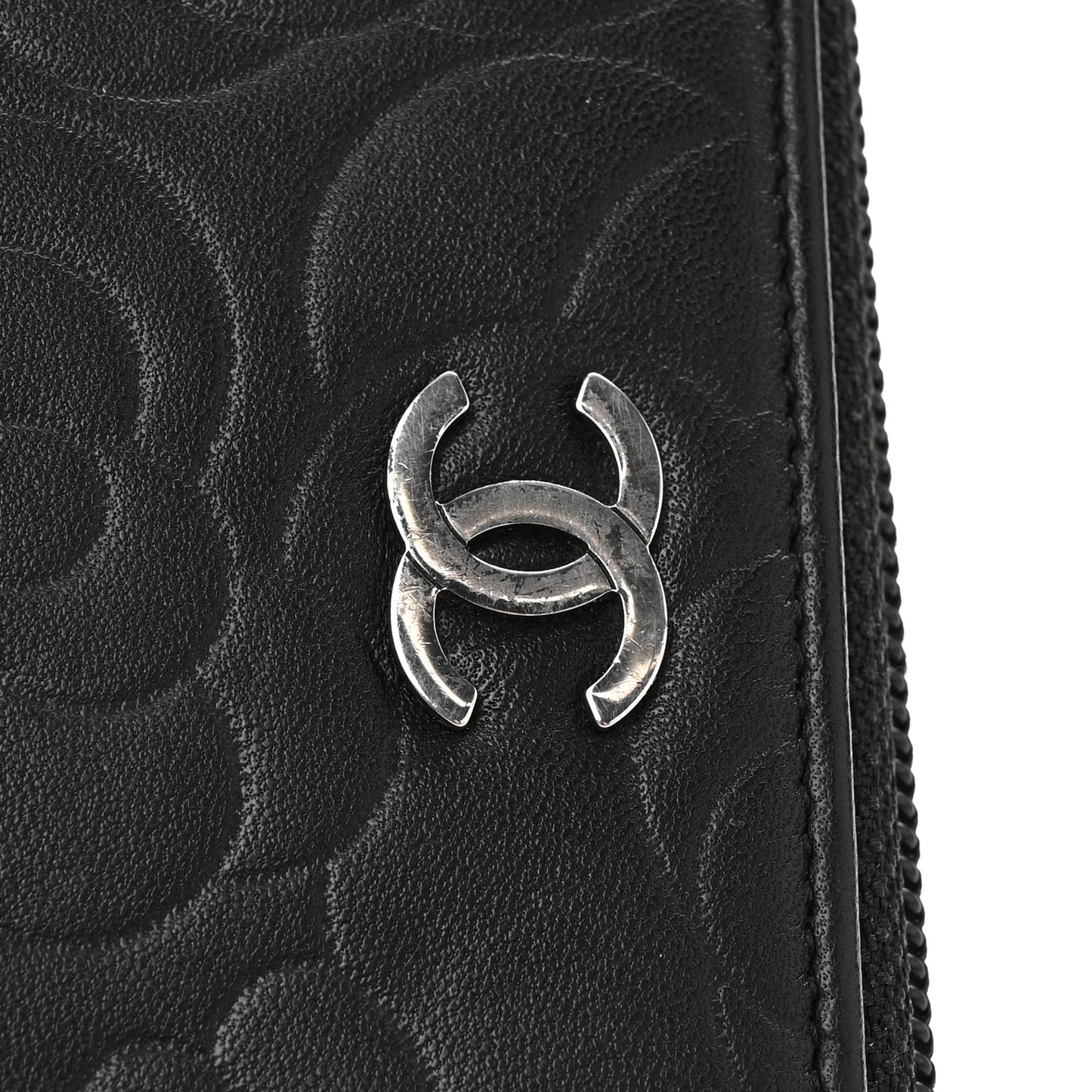 Lambskin Camellia Embossed Large Zip Around Gusset Wallet Black
