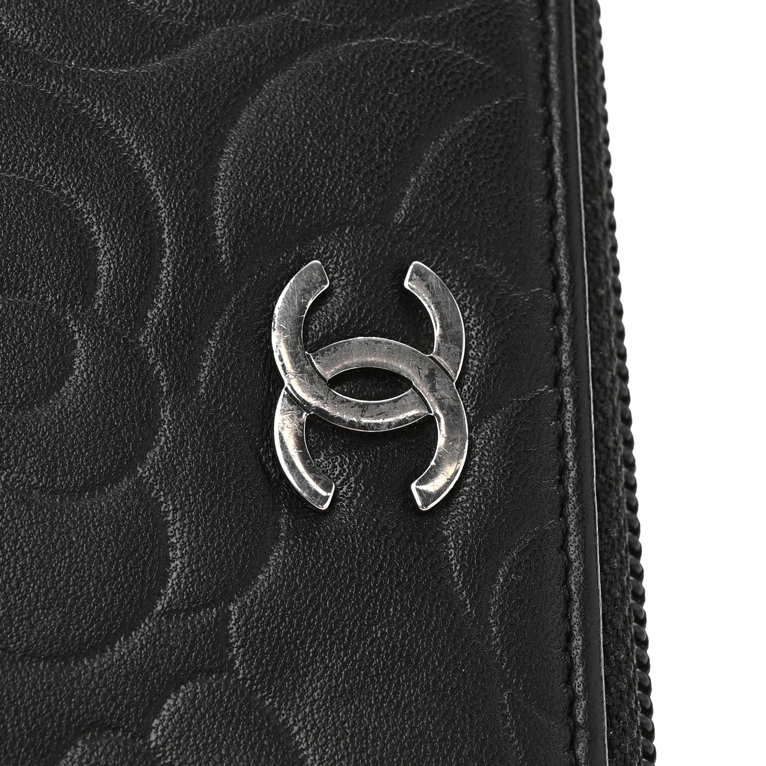 Chanel Lambskin Camellia Embossed Large Zip Around Gusset Wallet Black 11 of 13