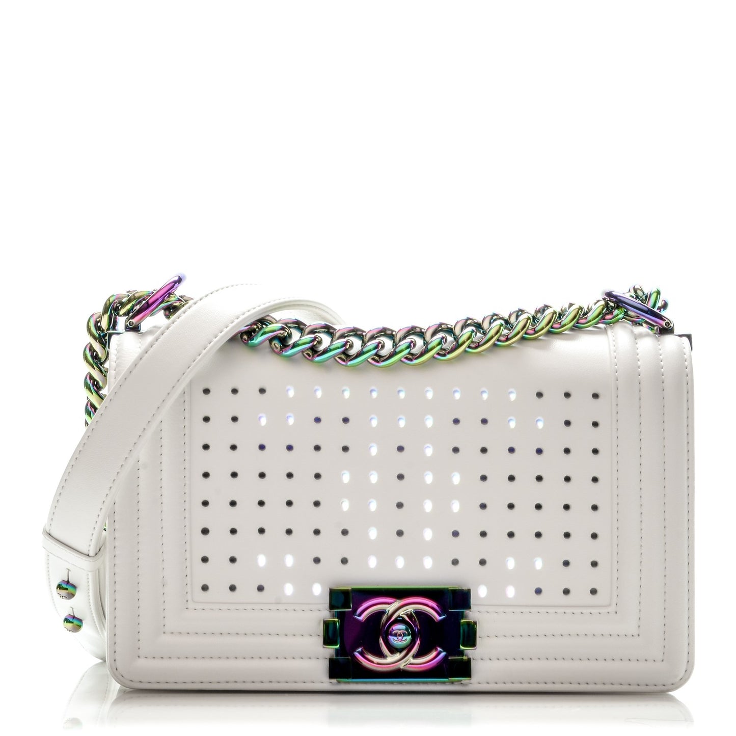 Lambskin LED Iridescent Metal Small Boy Flap White Multicolor