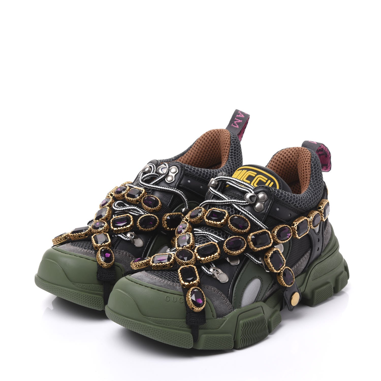 Gucci X SEGA Mesh Suede Calfskin Removable Crystals Flashtrek Sneakers 36 Loess Black Olive Green 2 of 8
