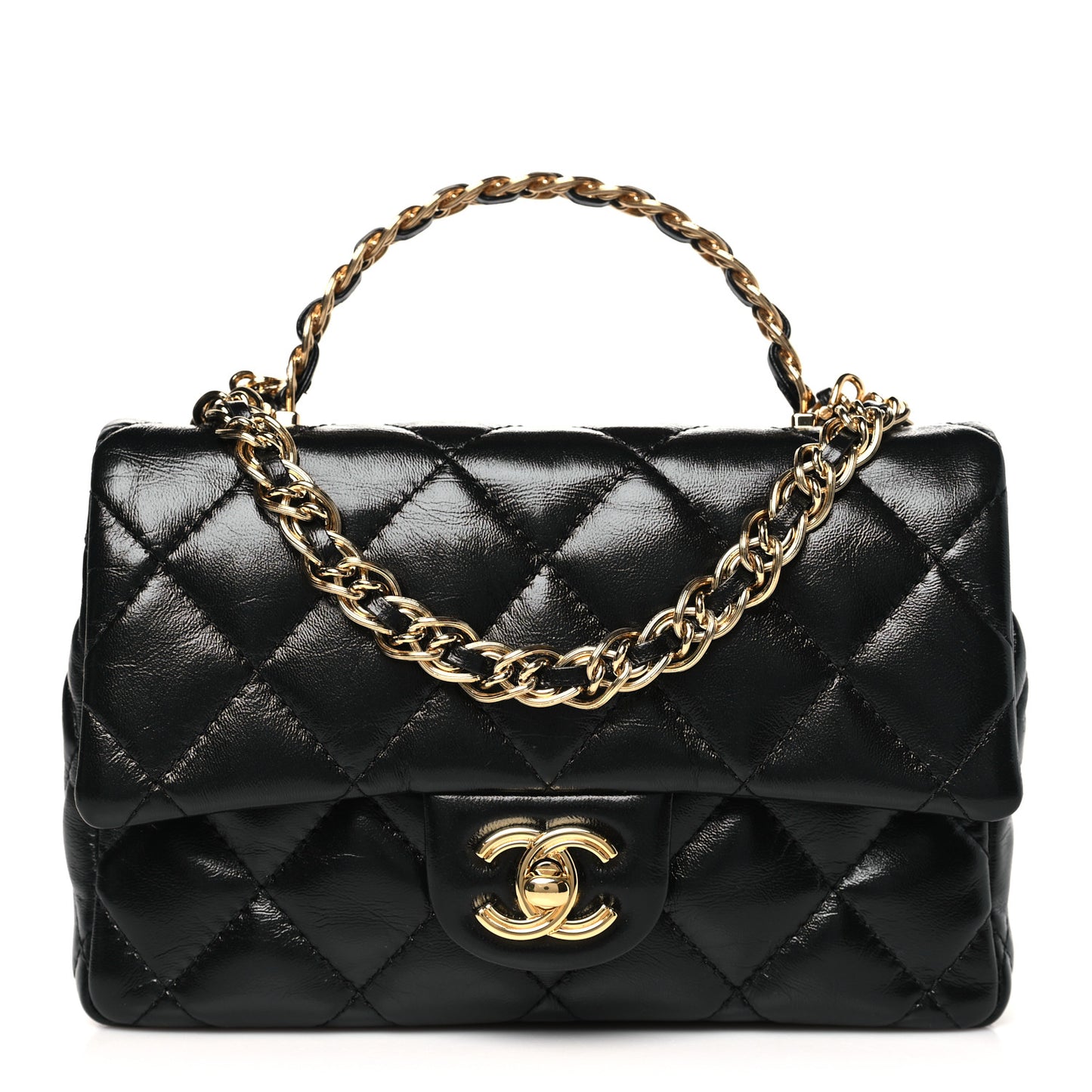 Shiny Lambskin Quilted Golden Links Top Handle Flap Black