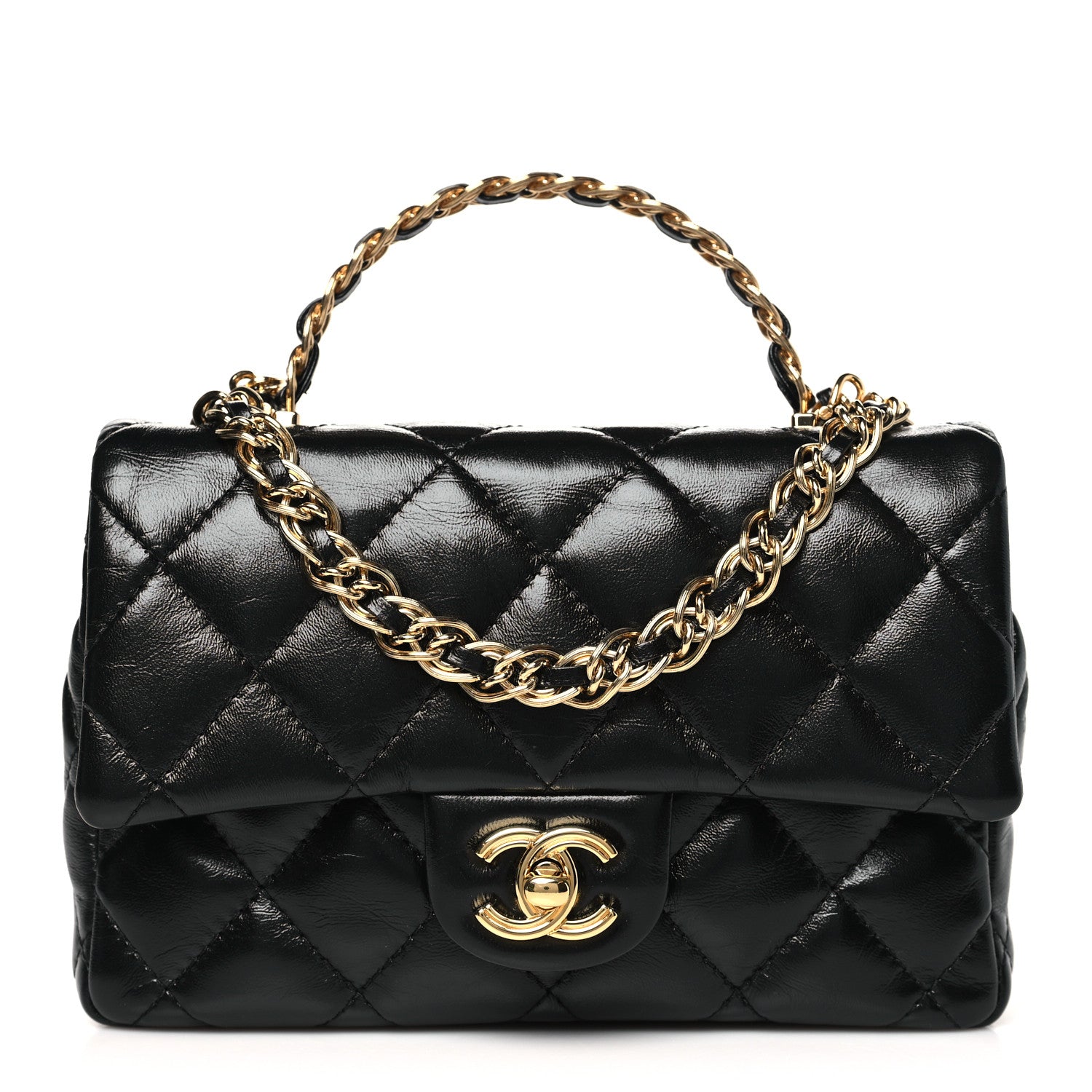 Chanel Shiny Lambskin Quilted Golden Links Top Handle Flap Black 1 of 10