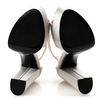 Prada Satin Triangle Logo Ankle Strap 40/135mm Platform Sandals 37 Silver 6 of 9