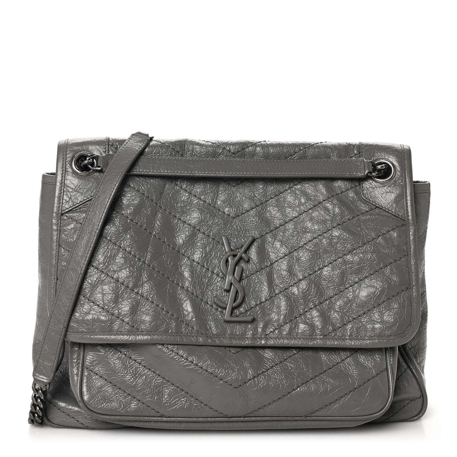 Saint Laurent Crinkled Calfskin Matelasse Monogram Large Niki Chain Satchel Storm 1 of 10