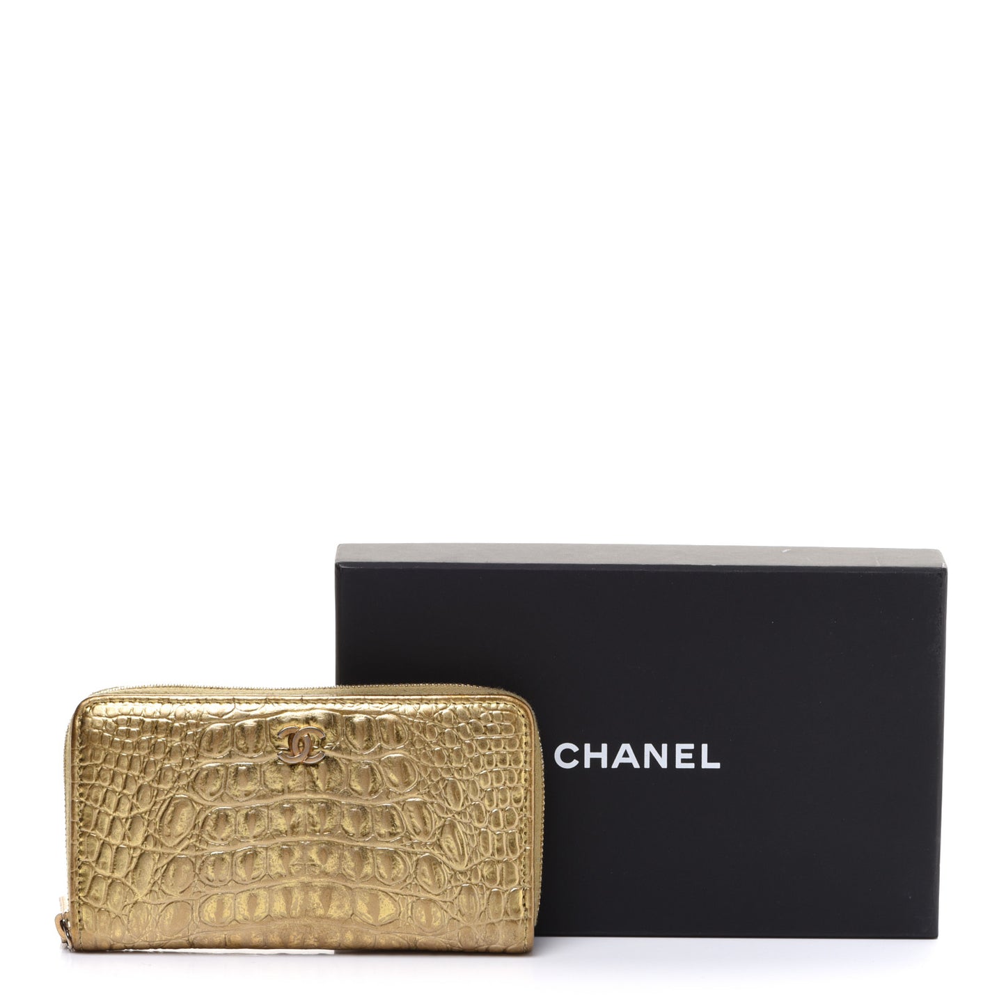 Metallic Calfskin Crocodile Embossed Small Zip Wallet Gold