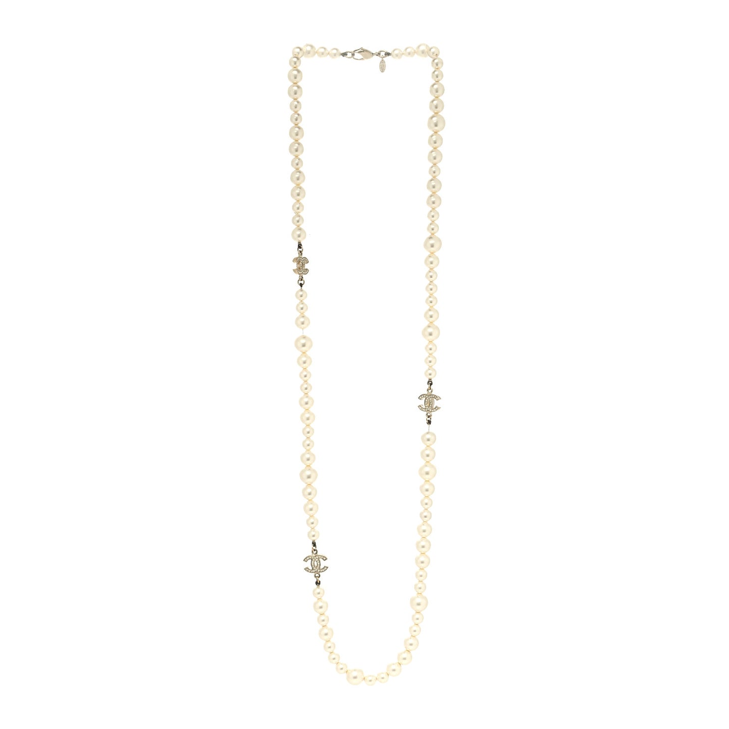 Graduated Pearl Crystal CC Long Necklace Light Gold