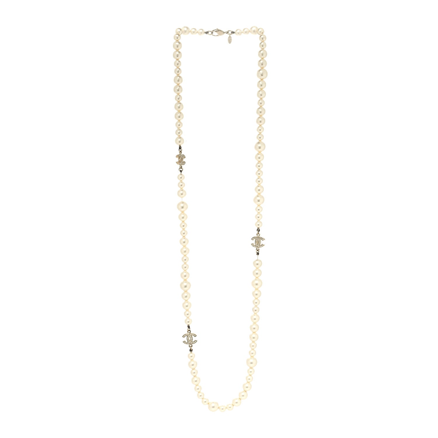 Chanel Graduated Pearl Crystal CC Long Necklace Light Gold 3 of 5