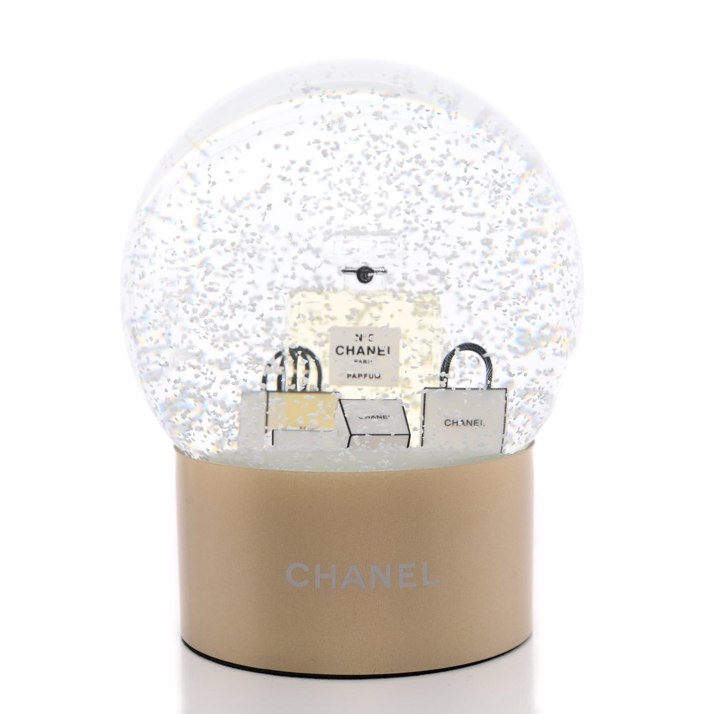 Glass N°5 Perfume Bottle Snow Globe Gold