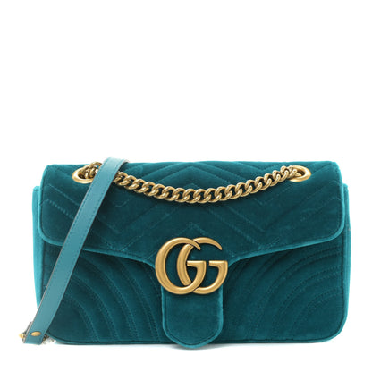 Gucci Velvet Matelasse Small GG Marmont Shoulder Bag Pavone Cyan 1 of 11