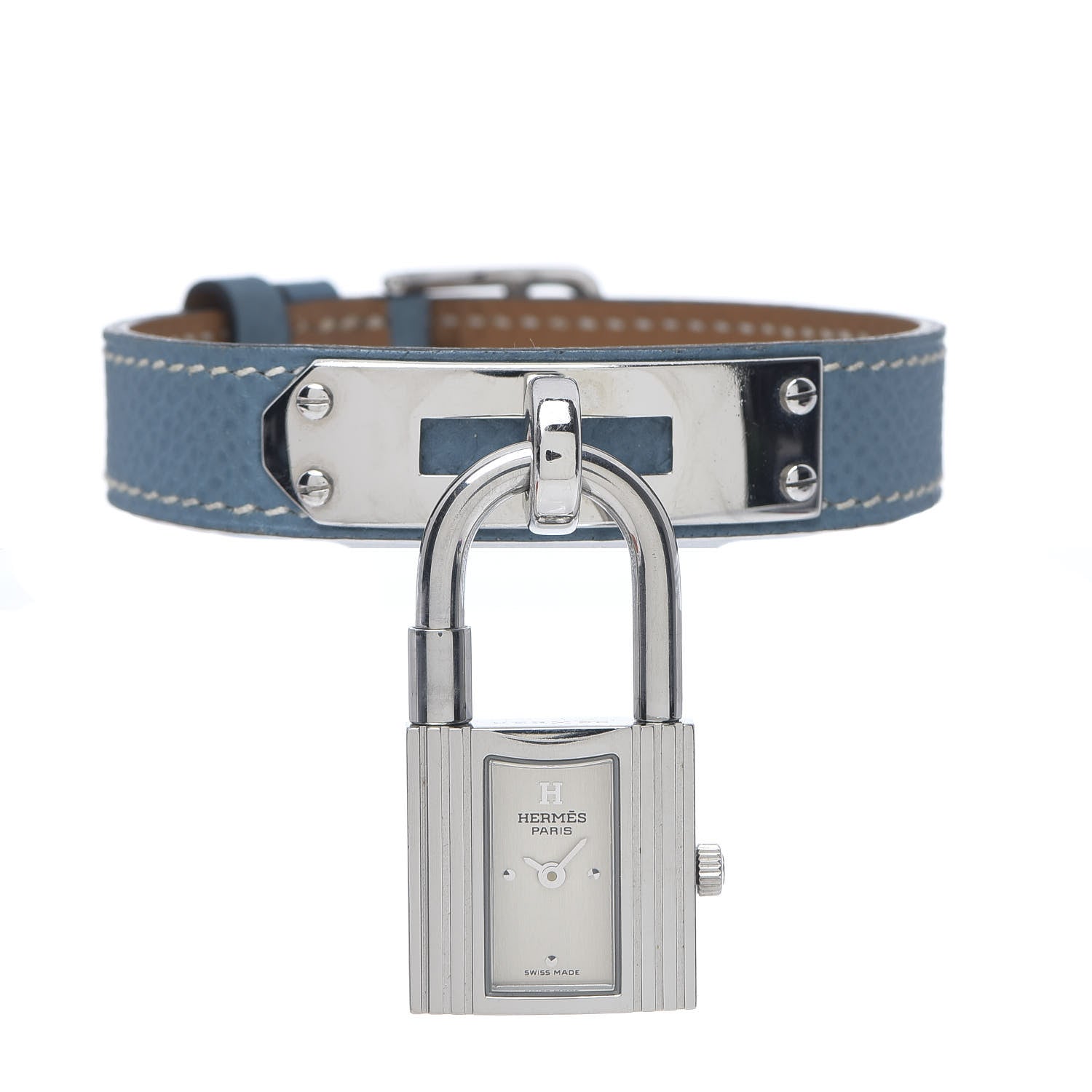 Hermes Stainless Steel Courchevel 20mm Kelly Cadena Quartz Watch Blue Jean 1 of 5