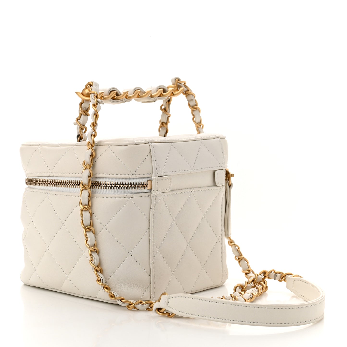 Calfskin Quilted Small Vanity Case With Chain White