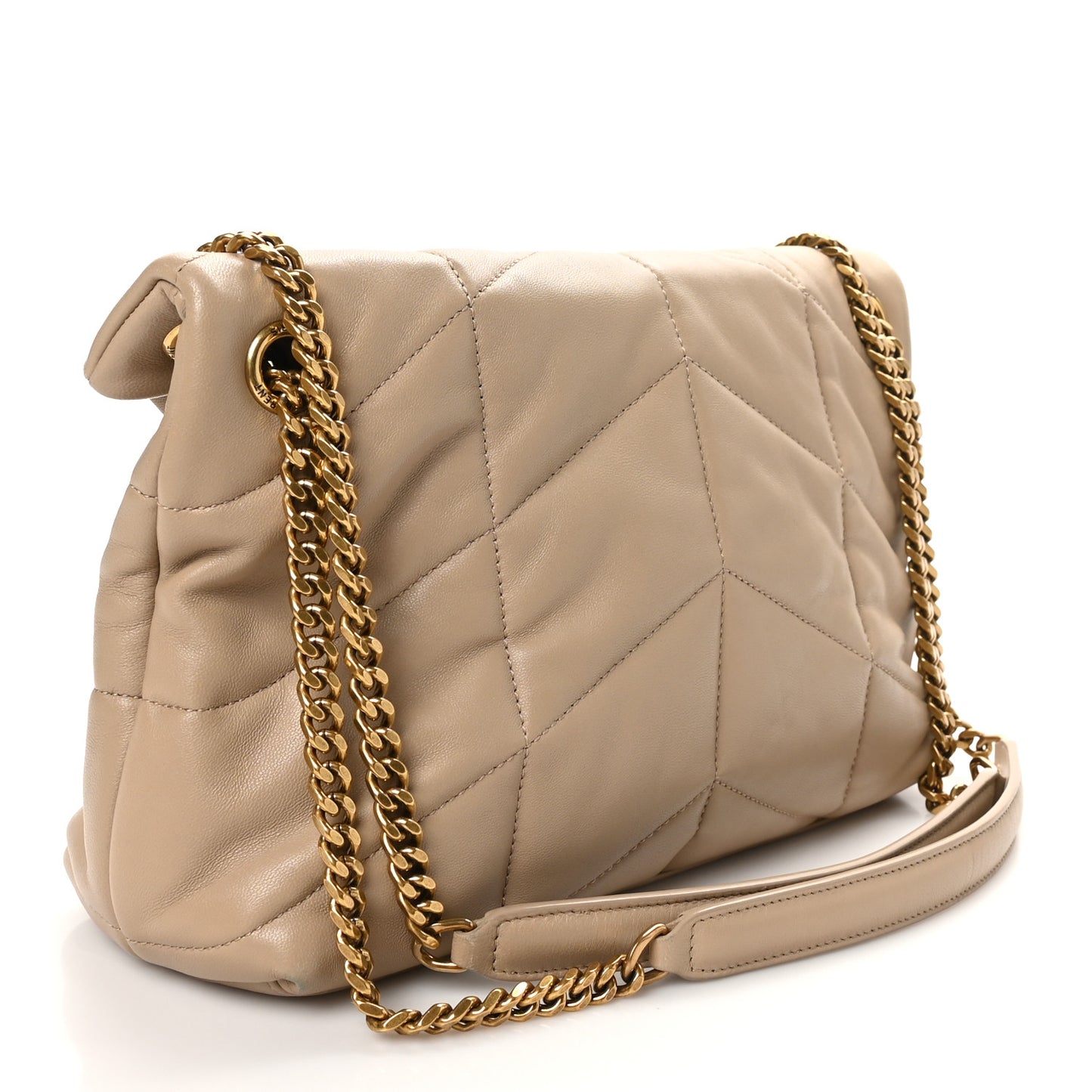 Lambskin Quilted Small Loulou Puffer Monogram Chain Satchel Dark Beige