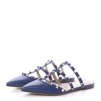 Valentino Garavani Pebbled Calfskin Rockstud Flat Cage Mules 38 Light Ocean 3 of 7