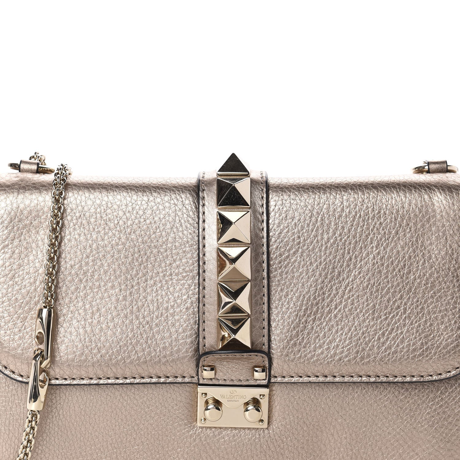 Valentino Garavani Metallic Grained Calfskin Medium Glam Lock Rockstud Flap Platino 9 of 9