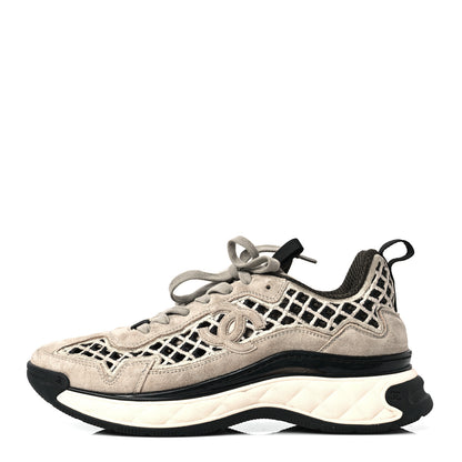 Chanel Suede Calfskin Embroidered CC Sneakers 38.5 Ecru Light Gray 1 of 8