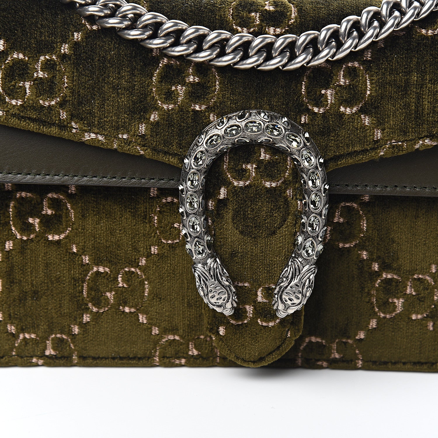 Gucci Velvet Moon Calfskin Crystal GG Monogram Small Dionysus Shoulder Bag Dark Olive Rose Gold 9 of 9