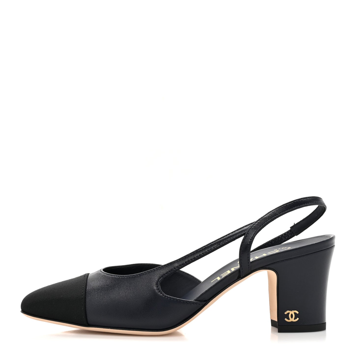 Lambskin Grosgrain Cap Toe CC Slingback Sandals 37 Navy Black