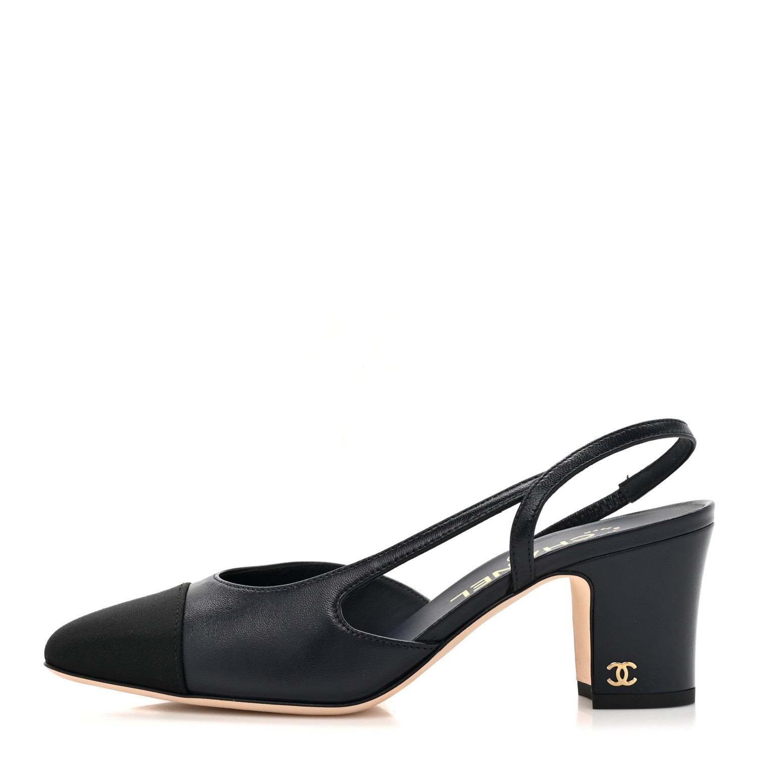 Chanel Lambskin Grosgrain Cap Toe CC Slingback Sandals 37 Navy Black 1 of 9