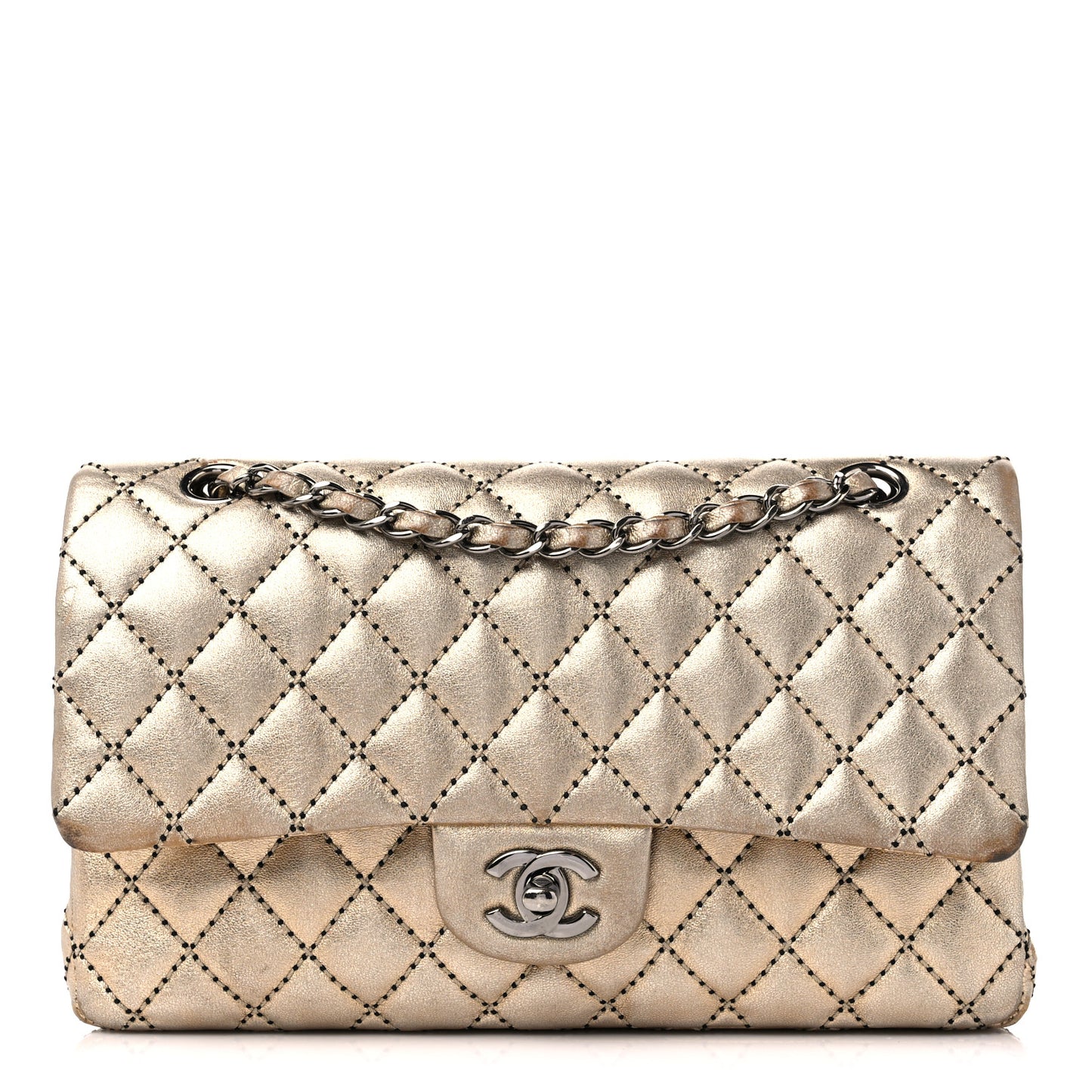 Metallic Washed Lambskin Quilted Medium Double Flap Dark Gold Black