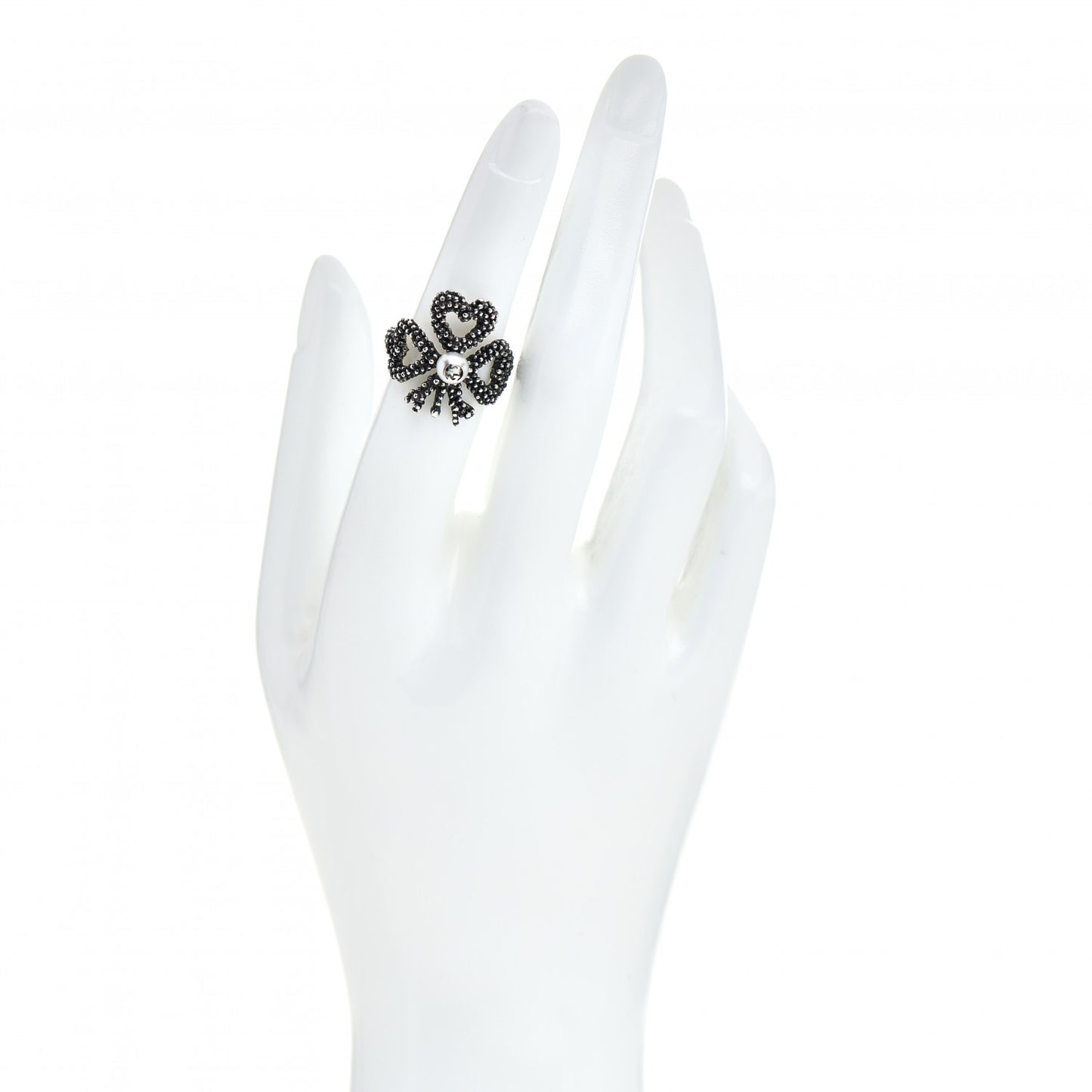 Sterling Silver Glass Pearl Heart Ribbon Ring 50 5.5