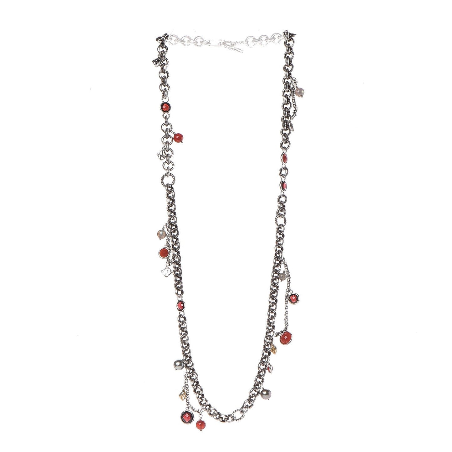 Sterling Silver 18K Yellow Gold Garnet Carnelian Pearl Moonstone Cable Charms Necklace