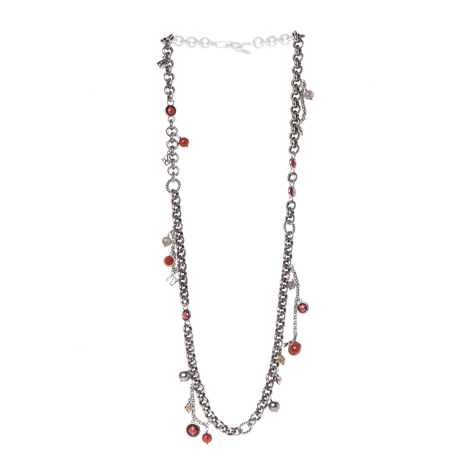 David Yurman Sterling Silver 18K Yellow Gold Garnet Carnelian Pearl Moonstone Cable Charms Necklace 3 of 8