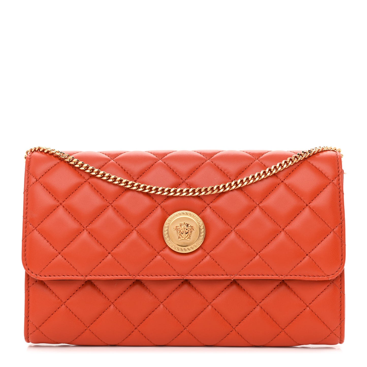 Lambskin Quilted Medusa Wallet On Chain Crossbody Dark Orange