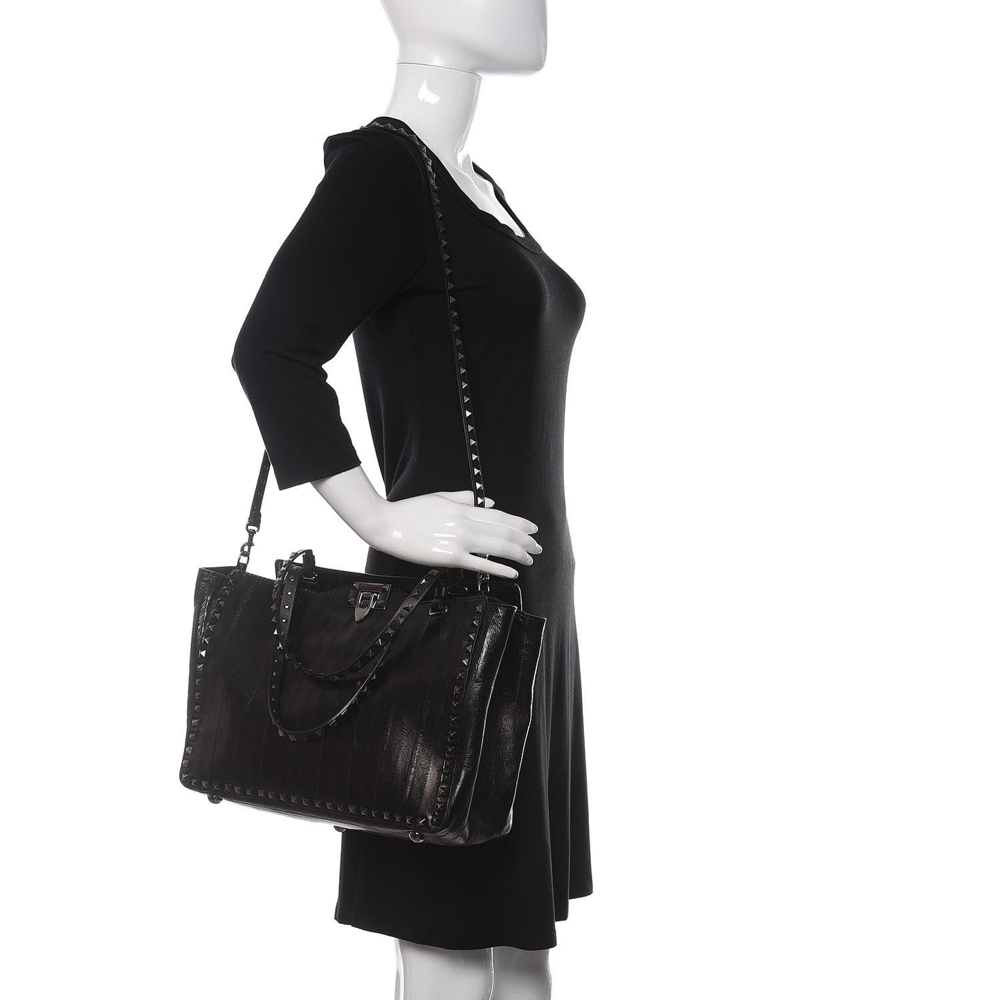 Eel Skin Medium Rockstud Tote Black