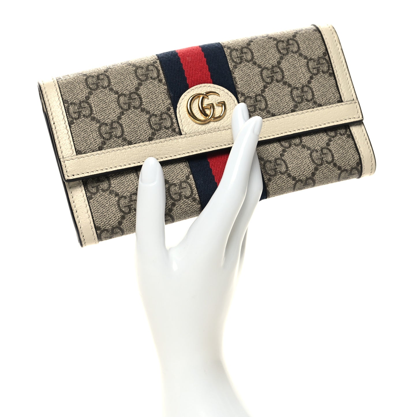 GG Supreme Monogram Textured Calfskin Web Ophidia Continental Wallet Beige White
