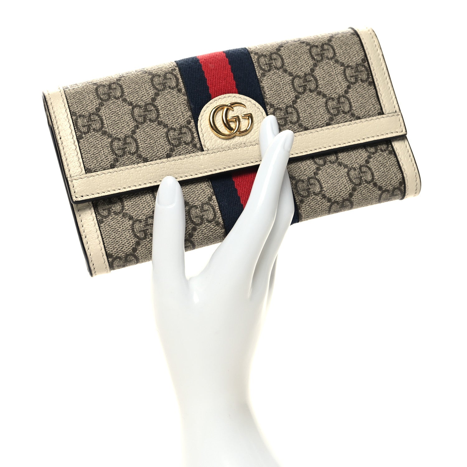 Gucci GG Supreme Monogram Textured Calfskin Web Ophidia Continental Wallet Beige White 2 of 12