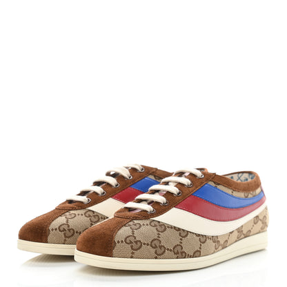 Gucci Suede Monogram Web Womens Falacer Sneakers 37 Nocciola Beige Mystic White Hibiscus Red 3 of 10