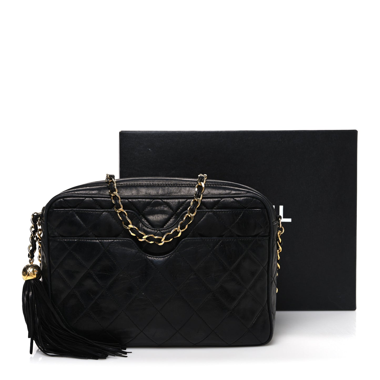 Lambskin Quilted CC Tassel Camera Case Black