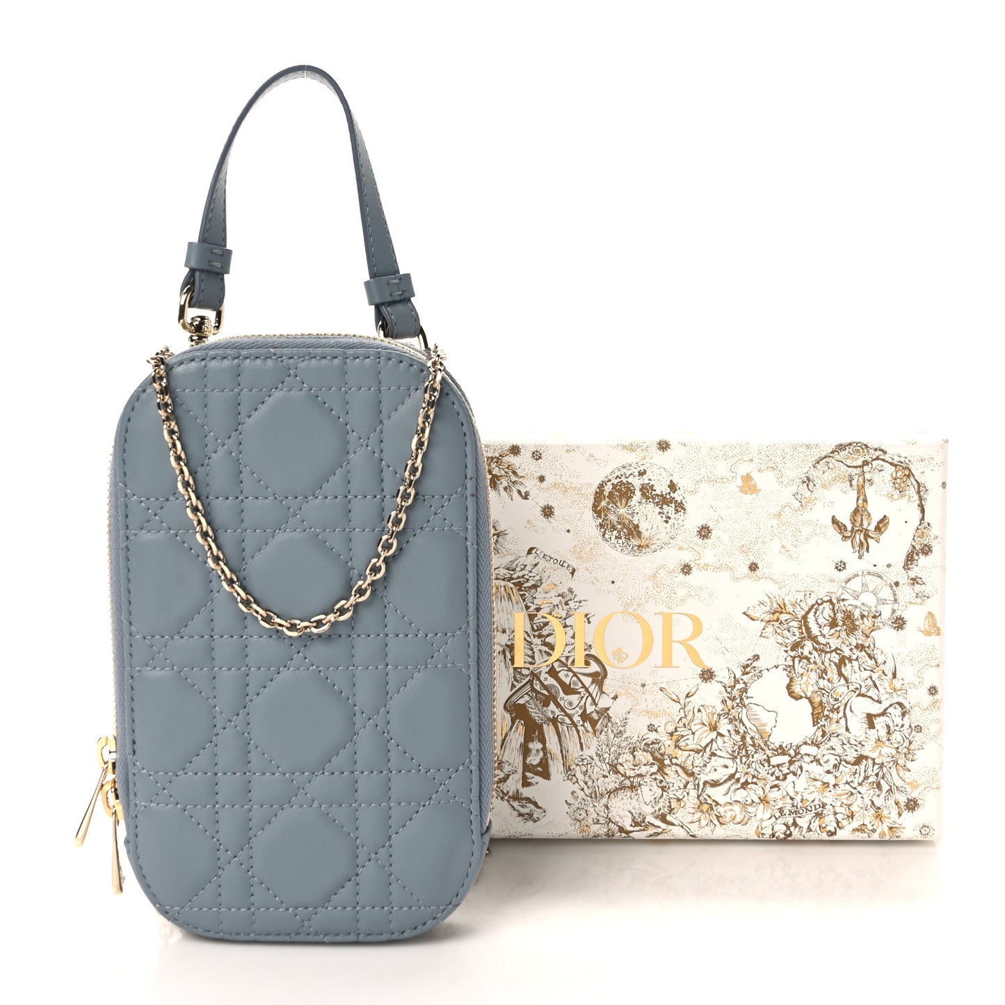 Lambskin Cannage Lady Dior Phone Holder Cloud Blue