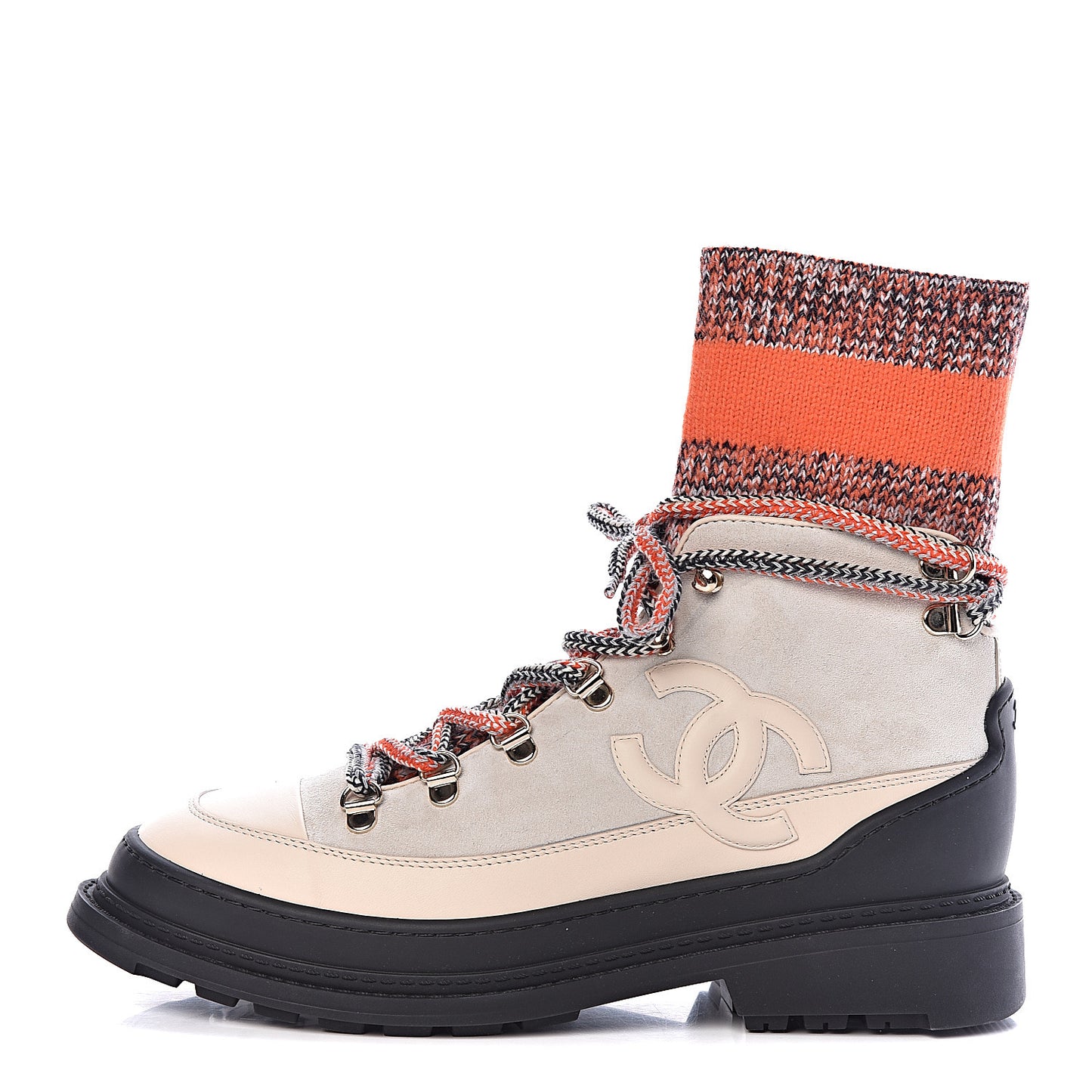 Calfskin Suede Knit CC High Top Lace Up Snow Boots 38.5 Orange Dark Grey Ivory