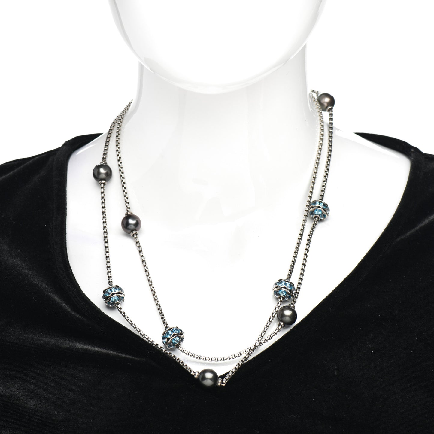 Sterling Silver Black Pearl Blue Zircon Sautoir Station Necklace