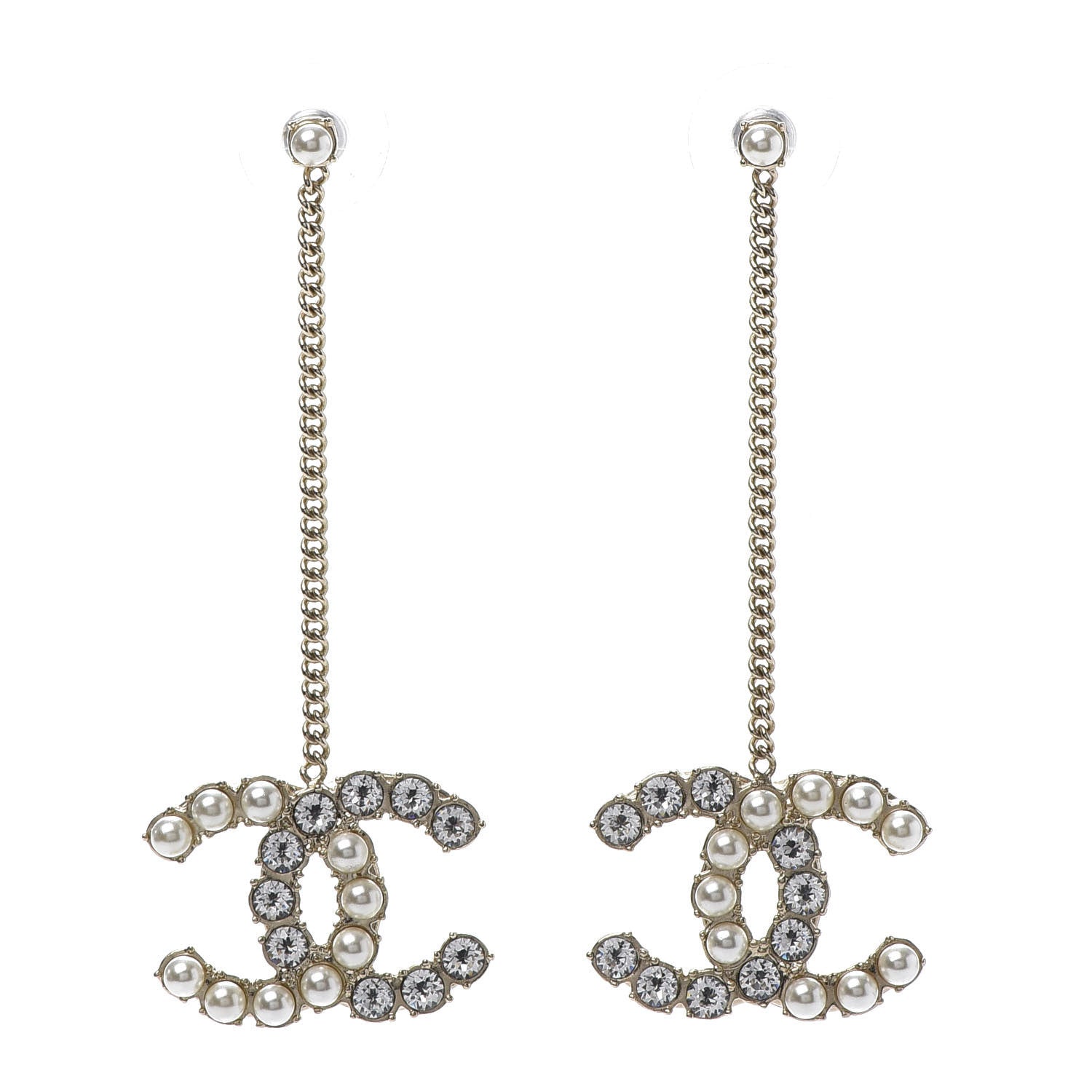 Chanel Crystal Pearl Dazzling Domino Drop Earrings Matte Gold 1 of 5