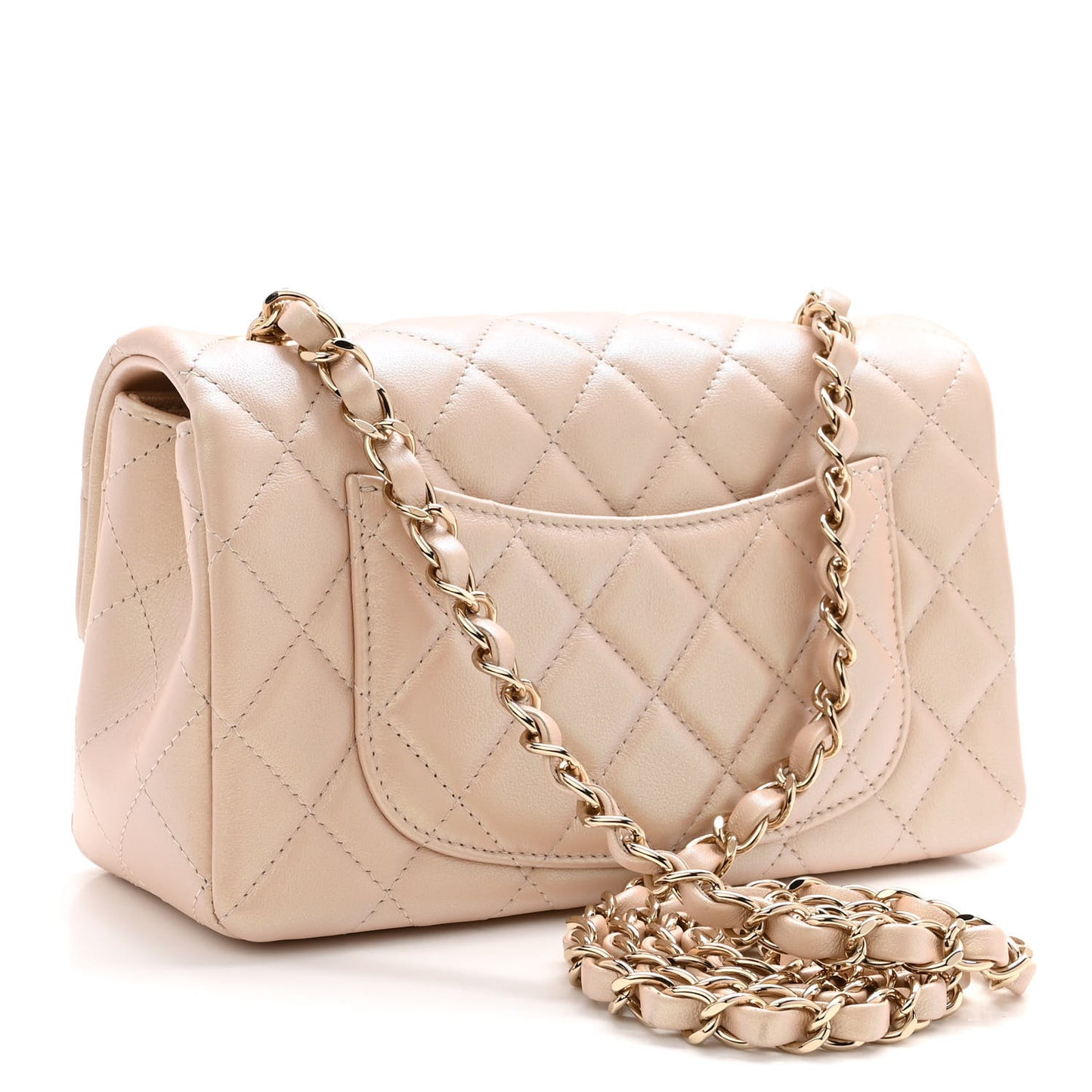 Iridescent Calfskin Quilted Mini Rectangular Flap Beige
