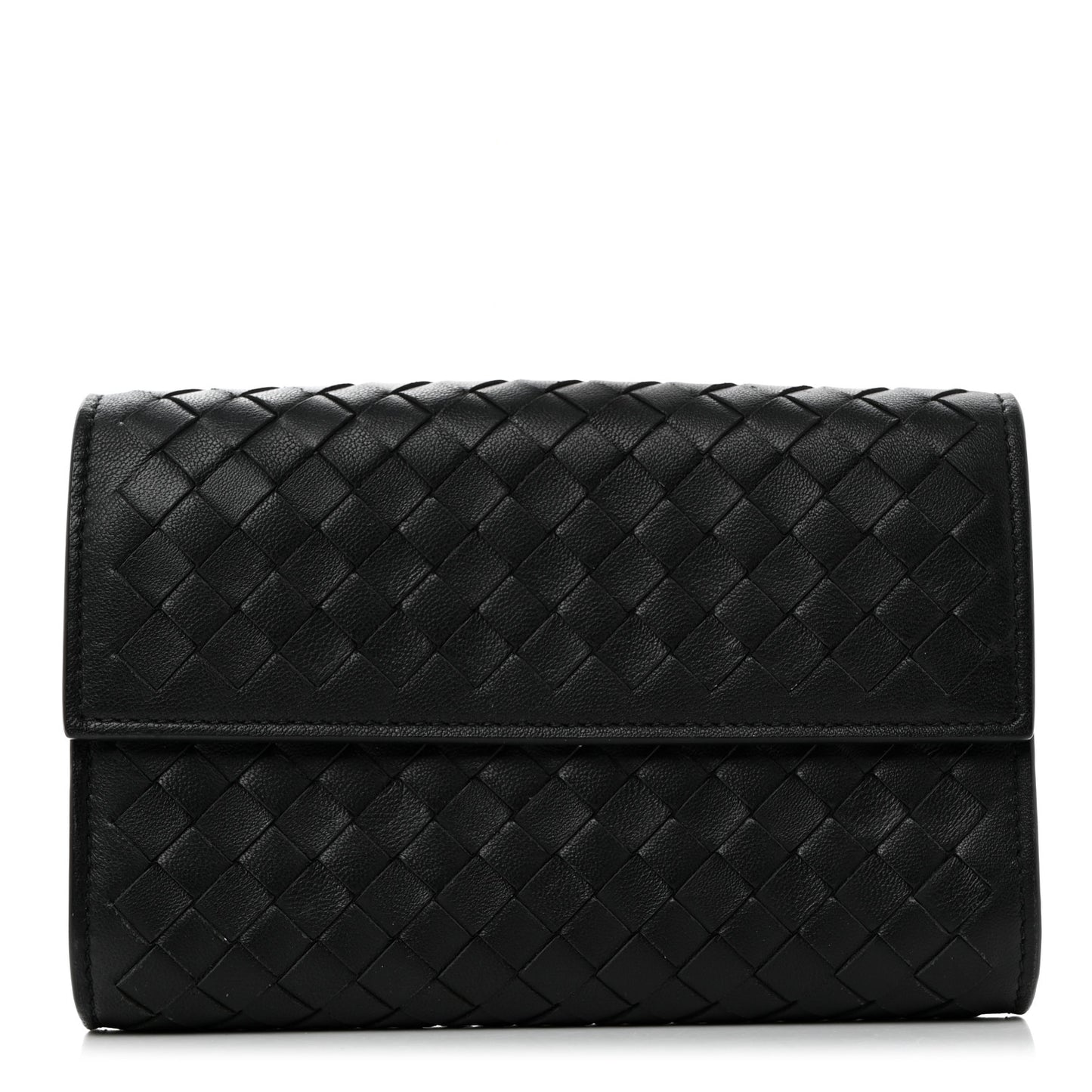 Nappa Intrecciato Continental Compact Flap Wallet Black